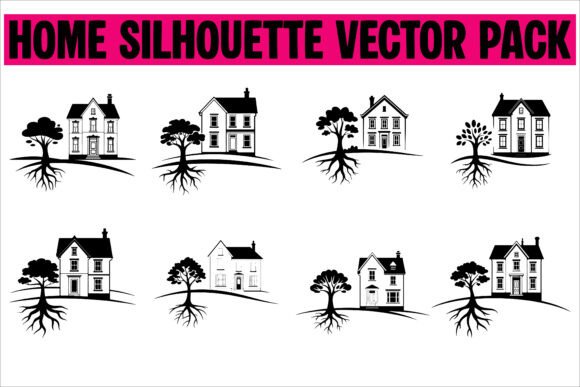 House with Tree Icons Black Silhouette Vector Set