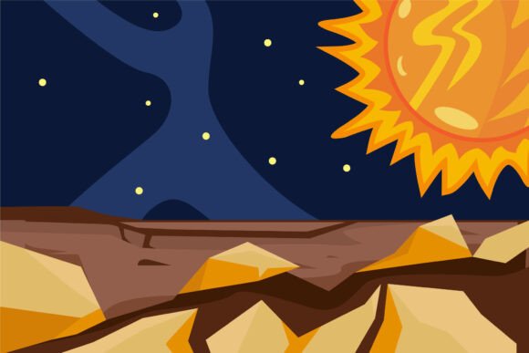 Planet Surface Landscape View at Sun