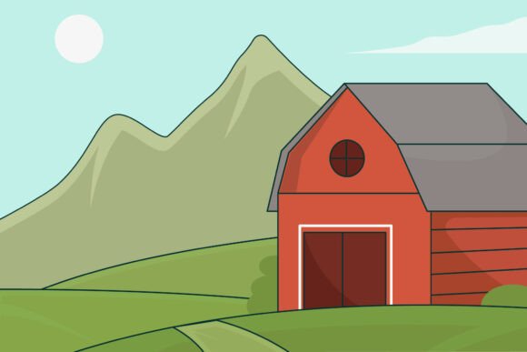Red Barn Building Landscaped Vector
